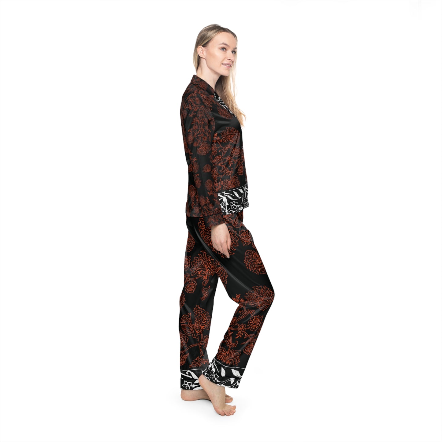 Women's Satin Pajama Printed with Black and White Panel