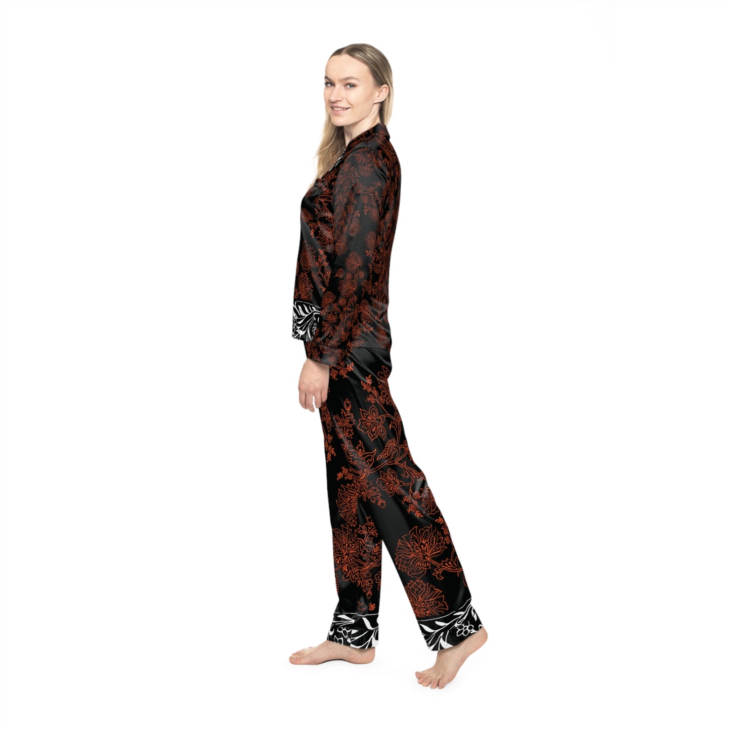 Women's Satin Pajama Printed with Black and White Panel