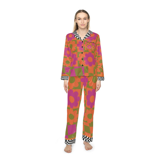 Retro Flower Women Satin Pajamas (AOP)