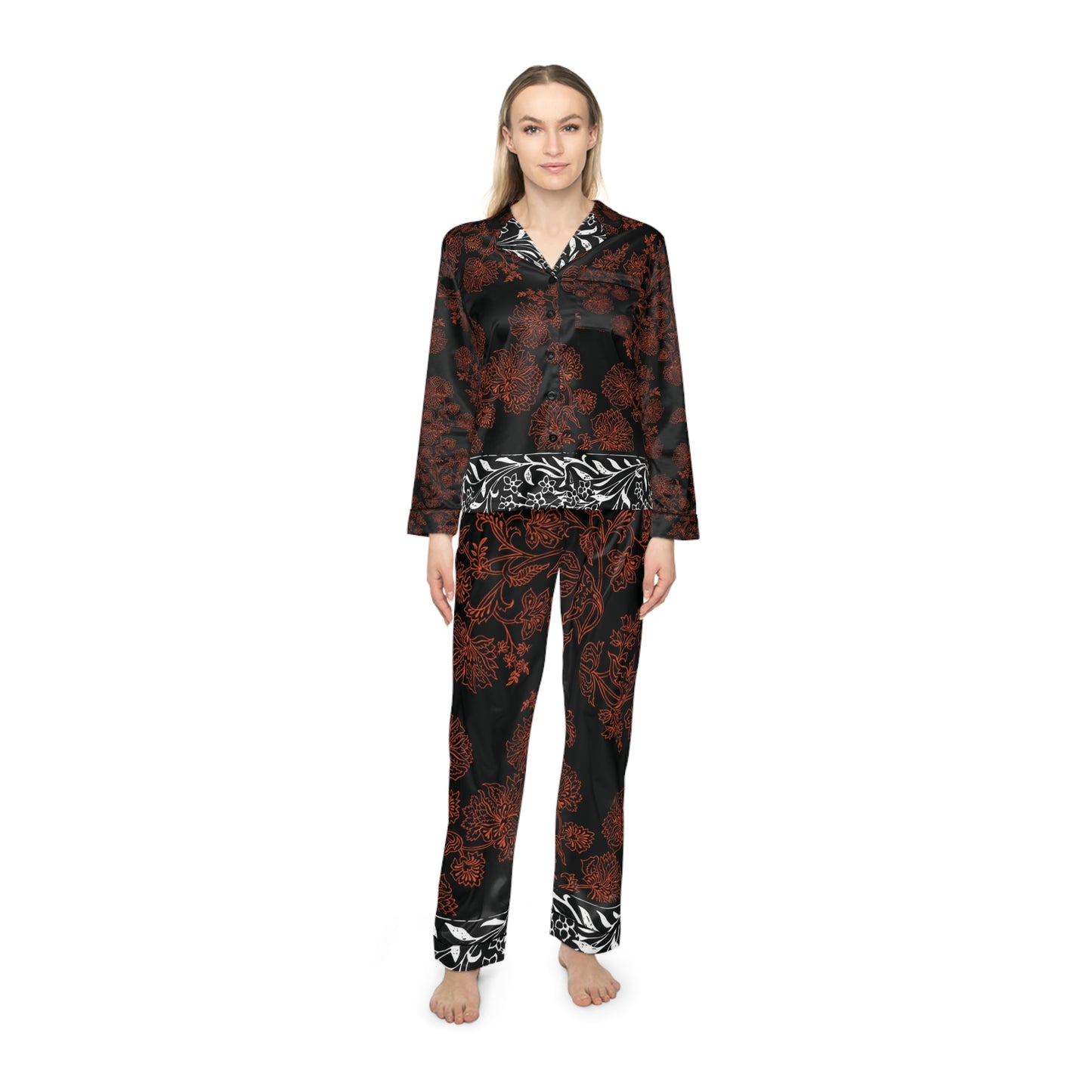 Women's Satin Pajama Printed with Black and White Panel